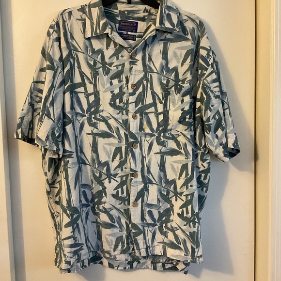 Pendleton Other - Pendleton XL Mens Bamboo Hawaiian Shirt Blue White Leaf Print Short Sleeve Aloha